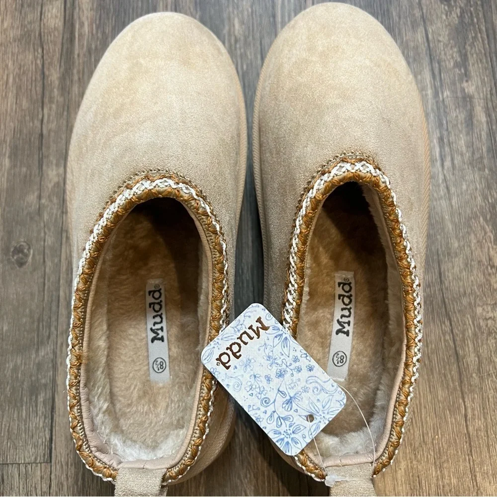 NWT Mudd Patform Slippers Clogs Faux Suede Tan Beige Sherpa Warm Winter Size 8.5 - Picture 4 of 13